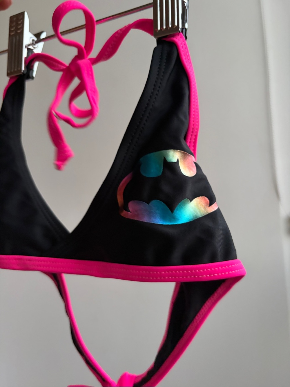 Girls Batman DC Comics Black & Neon Pink Triangle Swim Top with Holographic Logo